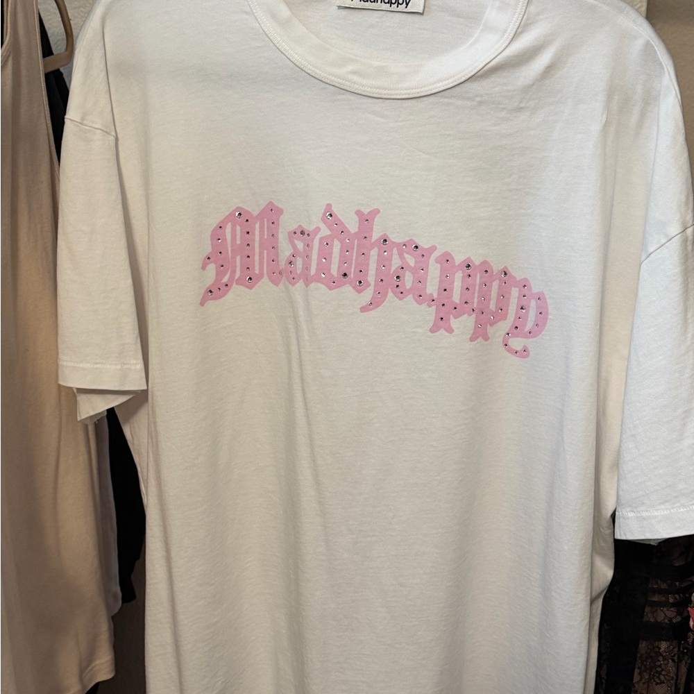 Madhappy White Tee with Crystals & Pink letters size large